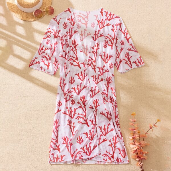

Coral Print Mesh Kimono, Red and white