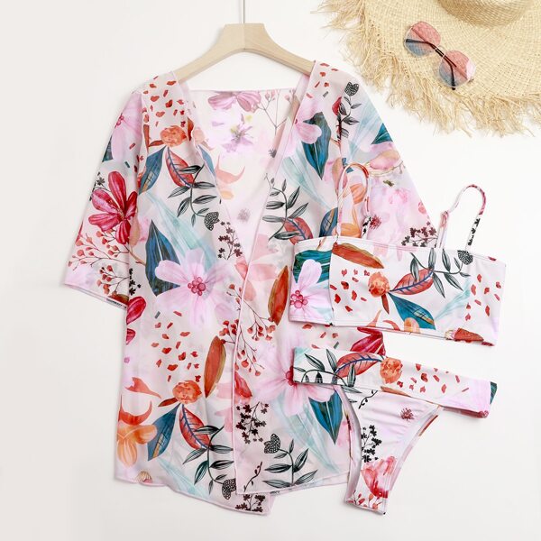 

3pack Floral Bandeau Bikini Swimsuit & Kimono, Multicolor