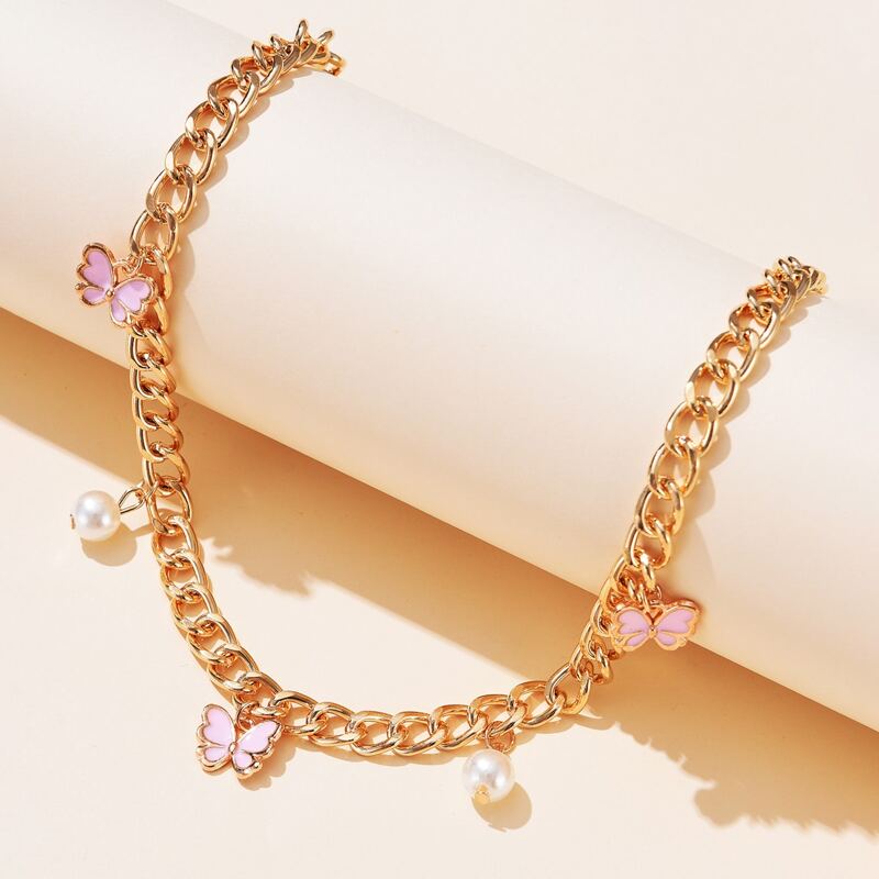 

Butterfly & Faux Pearl Chain Necklace, Gold