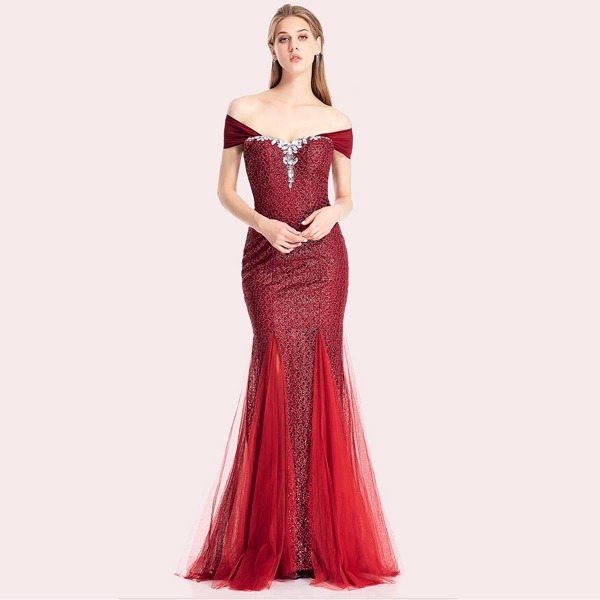 

Tie Back Rhinestone Detail Mesh Godet Sequin Prom Dress, Burgundy