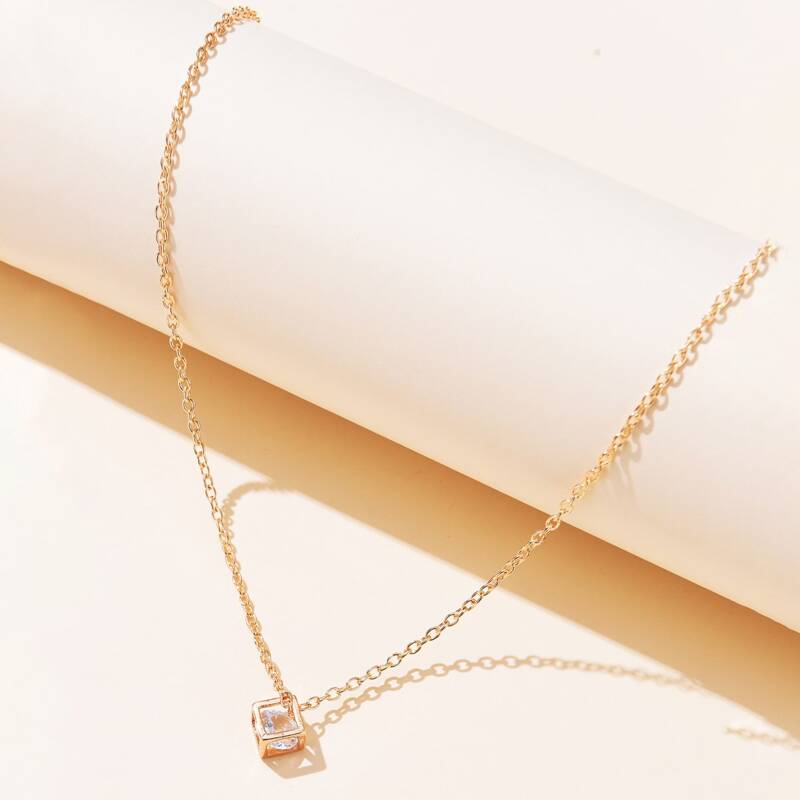 Rhinestone & Cube Pendant Necklace, Gold