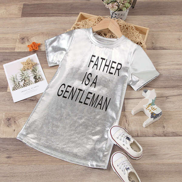 

Toddler Girls PU Leather Slogan Graphic Dress, Silver