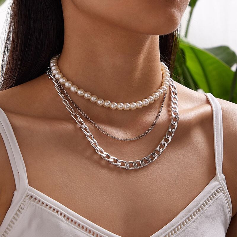 

Faux Pearl Layered Chain Necklace, Multicolor