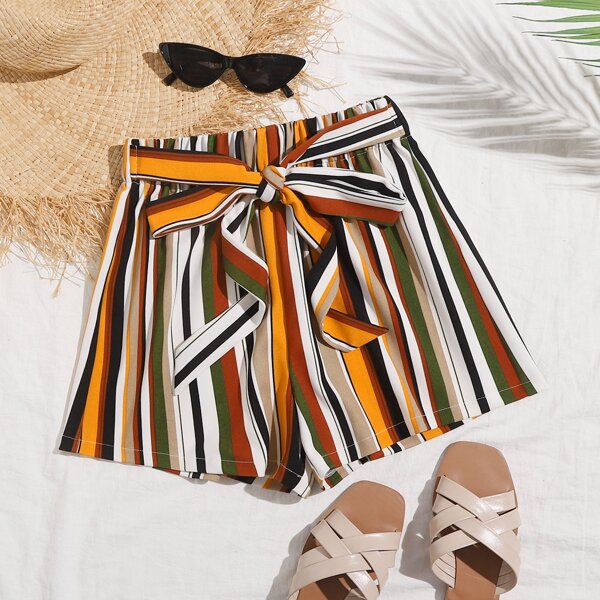 

Vertical Stripe Belted Wide Leg Shorts, Multicolor