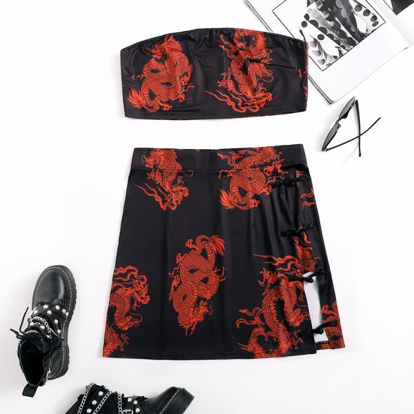 

Plus Chinese Dragon Print Crop Tube Top & Frog Button Skirt, Multicolor