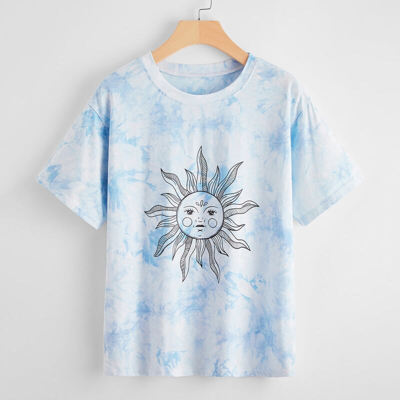 

Sun Graphic Tie Dye Drop Shoulder Tee, Blue and white