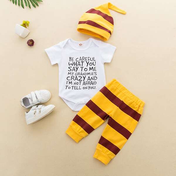 

Baby Boy Slogan Graphic Bodysuit & Striped Joggers & Hat, Multicolor
