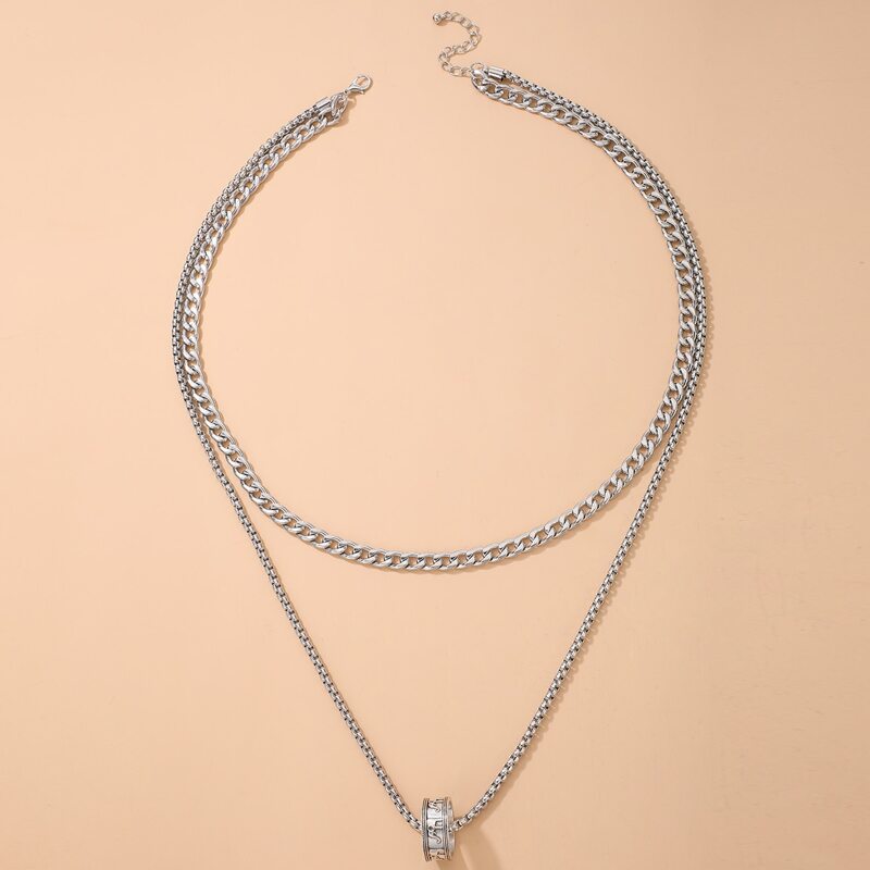 

Guys Ring Decor Layered Chain Necklace, Silver