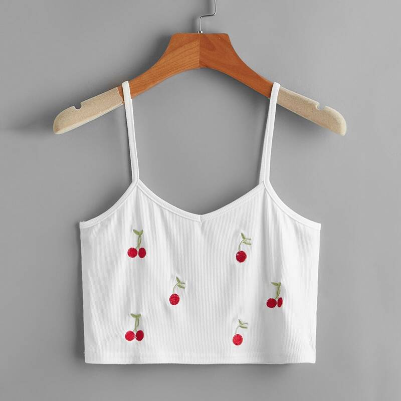 

Cherry Embroidery Crop Cami, White