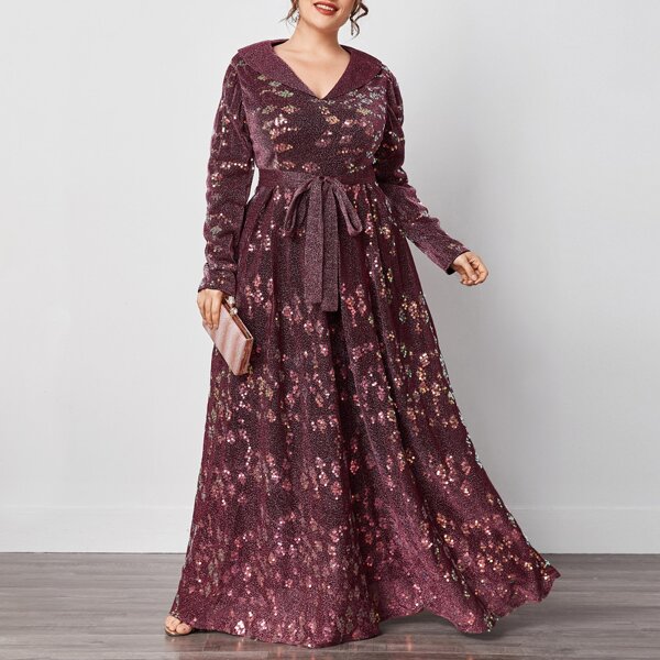 

Plus Contrast Sequin Belted Glitter Dress, Burgundy