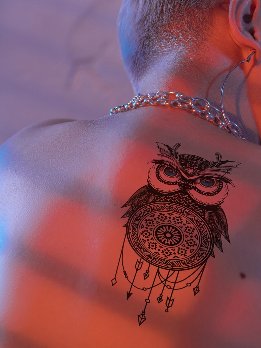 1sheet Owl Pattern Tattoo Sticker - Black - View 1