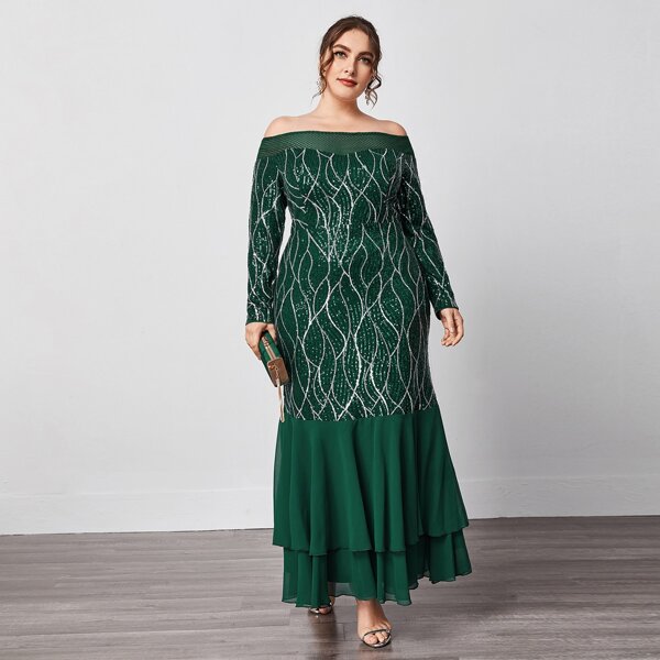 

Plus Sequin Ruffle Hem Bardot Dress, Dark green