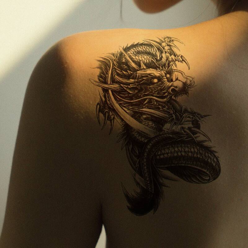 

1sheet Chinese Dragon Pattern Tattoo Sticker, Black