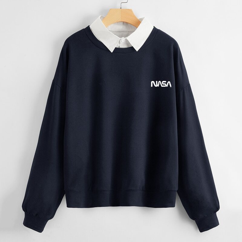 

Letter Contrast Collar Oversized Sweatshirt, Navy blue