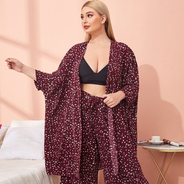 

Plus Allover Print Coat & Pants PJ Set, Maroon