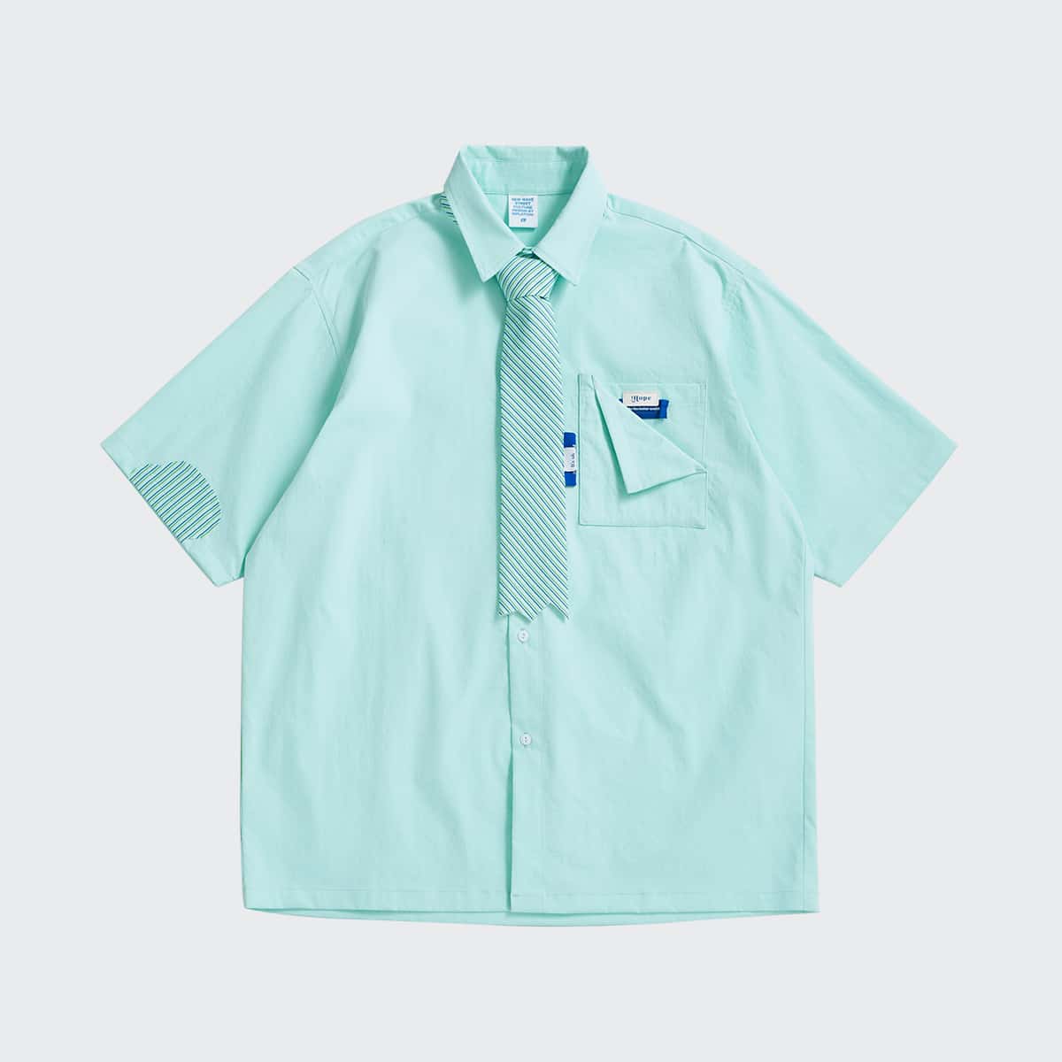 

Guys Button Front Letter Patch Pocket Shirt With Tie, Mint blue