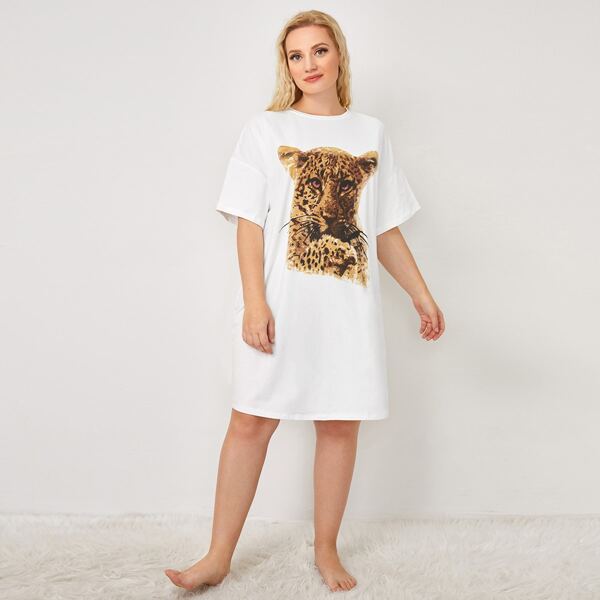 

Plus Leopard Print Drop Shoulder Sleepshirt, White