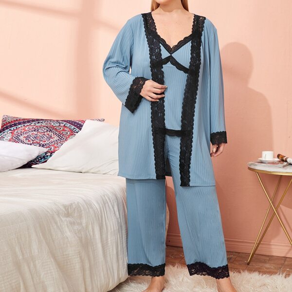 

Plus Contrast Lace Rib-knit Cami Top & Pants Set With Coat, Dusty blue