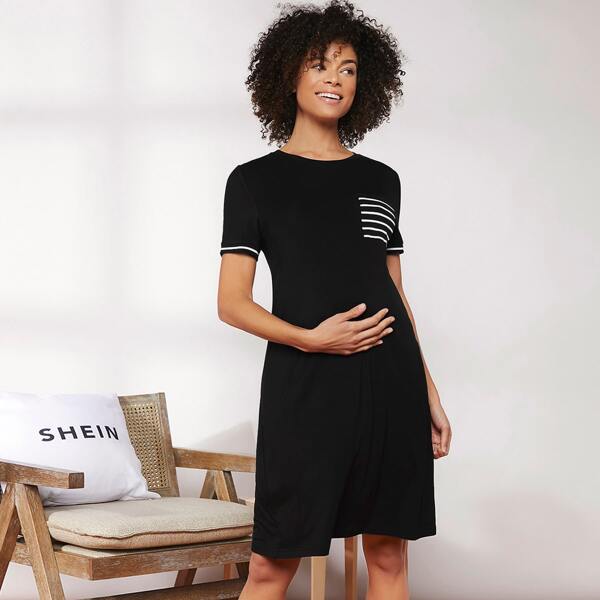 

Maternity Striped Pocket Patched Nightdress, Black