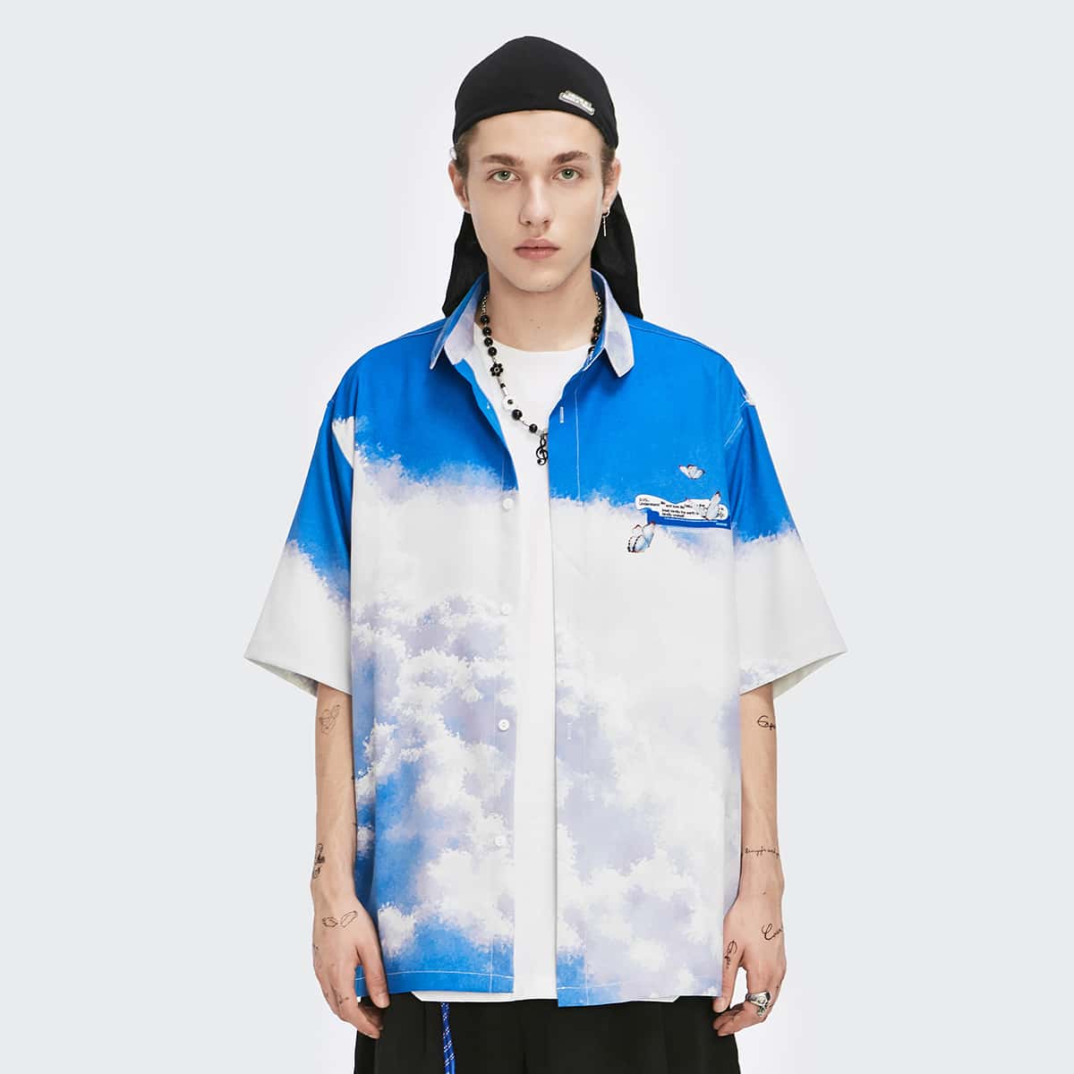 

Guys Slogan & Butterfly Graphic Shirt, Blue and white
