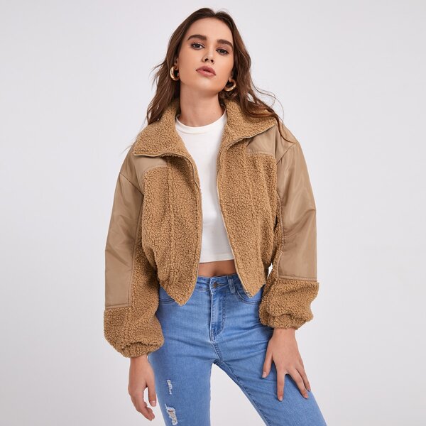 

Drop Shoulder Teddy Mixed Media Jacket, Khaki