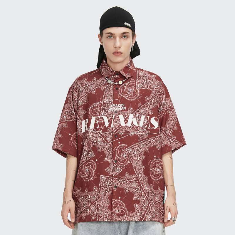 

Guys Paisley & Letter Print Shirt, Red and white