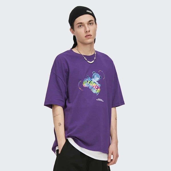 

Men Drop Shoulder Letter & Cartoon Graphic Tee, Violet purple