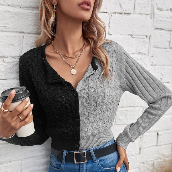 

Two Tone Cable Knit Cardigan, Multicolor