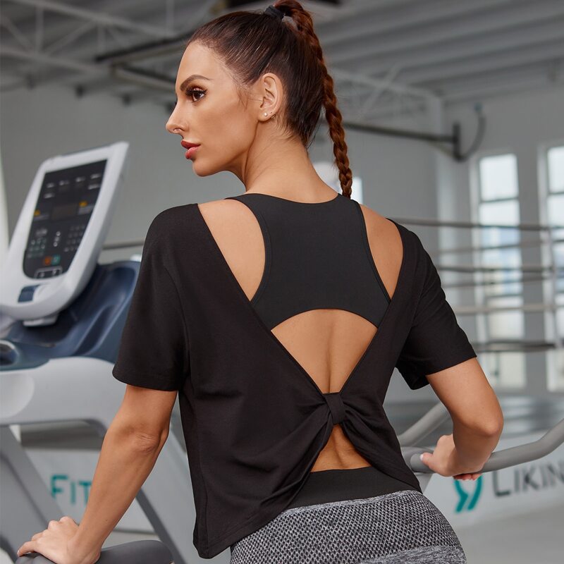 

Backless Solid Sports Tee Without Bra, Black