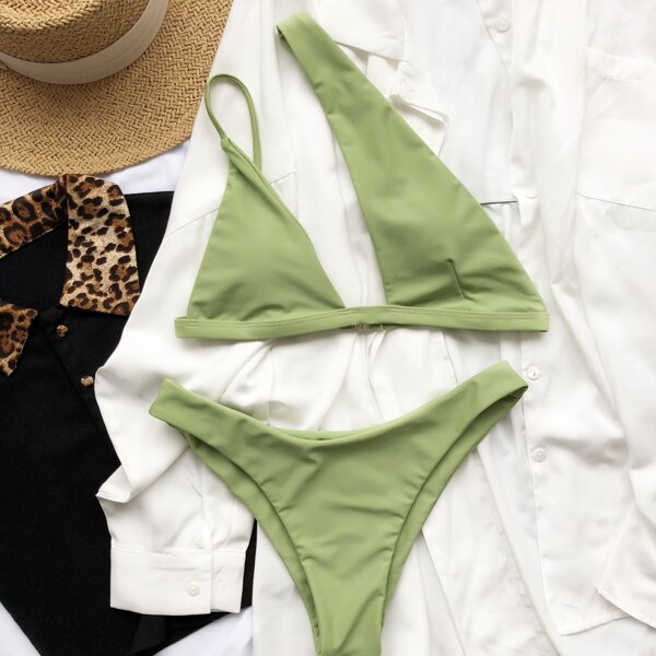 

Cut-out One Shoulder Bikini Swimsuit, Olive green