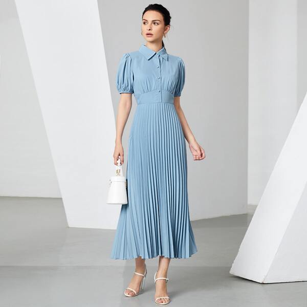 

Puff Sleeve Pleated Hem Solid Shirt Dress, Baby blue