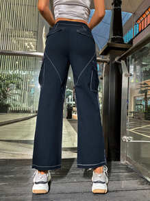 Contrast Topstitching Side Flap Pocket Cargo Trousers - Navy Blue - View 2