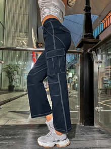 Contrast Topstitching Side Flap Pocket Cargo Trousers - Navy Blue - View 3
