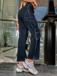 Contrast Topstitching Side Flap Pocket Cargo Trousers - Navy Blue - View 4