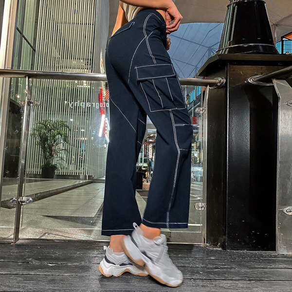 

Contrast Topstitching Side Flap Pocket Cargo Pants, Navy blue