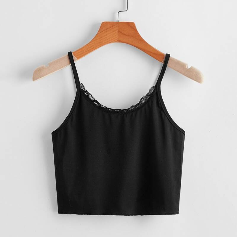 

Solid Lace Trim Cami Top, Black