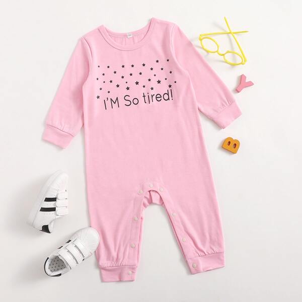

Baby Girl Star And Slogan Graphic Jumpsuit, Baby pink