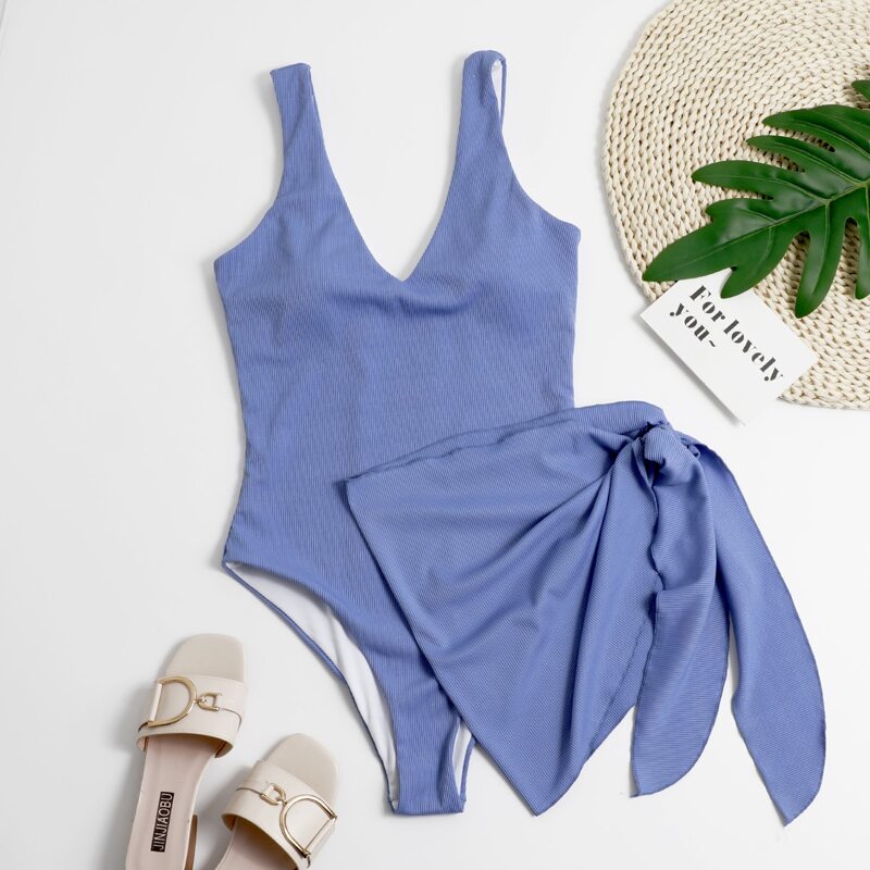 

Rib One Piece Swimsuit & Beach Skirt, Blue
