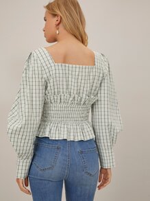 SHEIN Rayon Puff Sleeve Peplum Top - Green - View 2