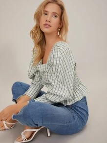 SHEIN Rayon Puff Sleeve Peplum Top - Green - View 3