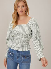 SHEIN Rayon Puff Sleeve Peplum Top - Green - View 4