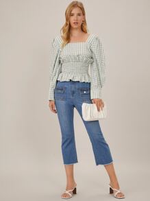 SHEIN Rayon Puff Sleeve Peplum Top - Green - View 9