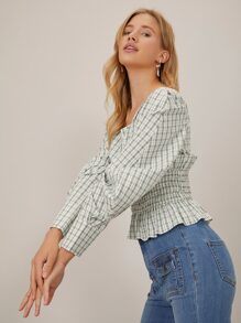 SHEIN Rayon Puff Sleeve Peplum Top - Green - View 10