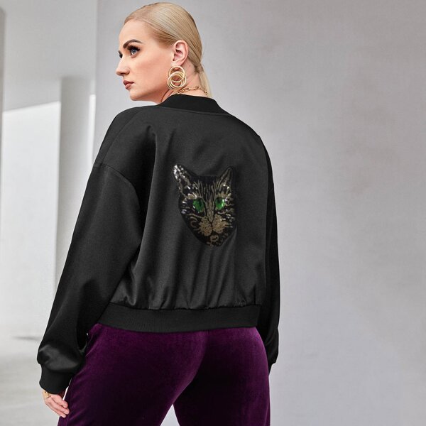 

Plus Leopard Patched Popper Button Bomber Jacket, Black