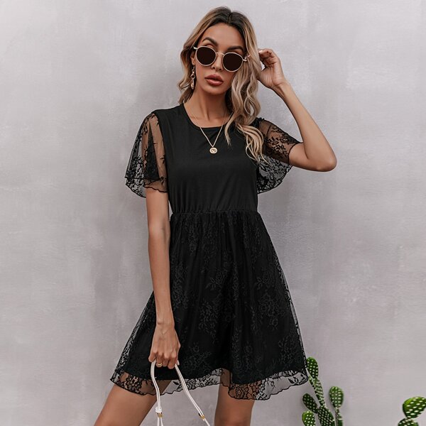 

Contrast Lace Butterfly Sleeve A-line Dress, Black