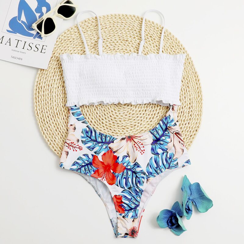 

Tropical Smocked Detail One Piece Swimsuit, Multicolor