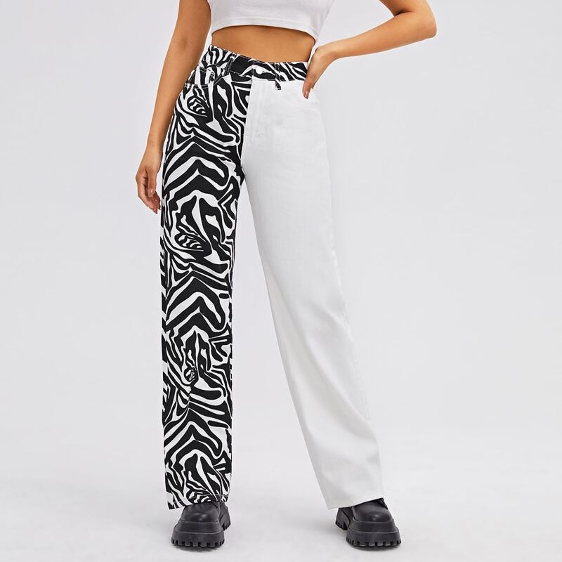 

High Waist Color Block Straight Leg Jeans, Black and white