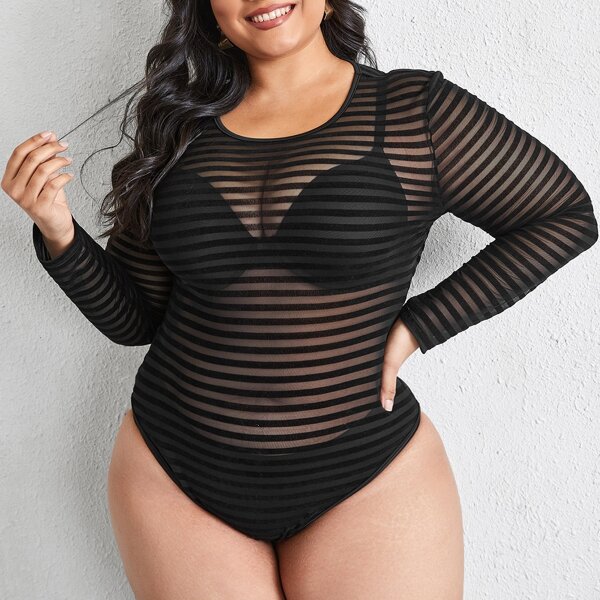 

Plus Striped Mesh Sheer Bodysuit Without Lingerie, Black