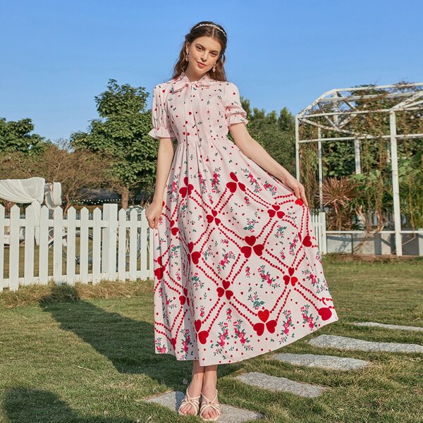 

Heart And Floral Print Tie Neck Flounce Sleeve A-line Dress, Baby pink