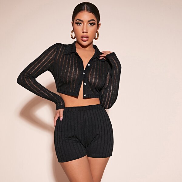

Single Breasted Crop Tee & Biker Shorts Set, Black